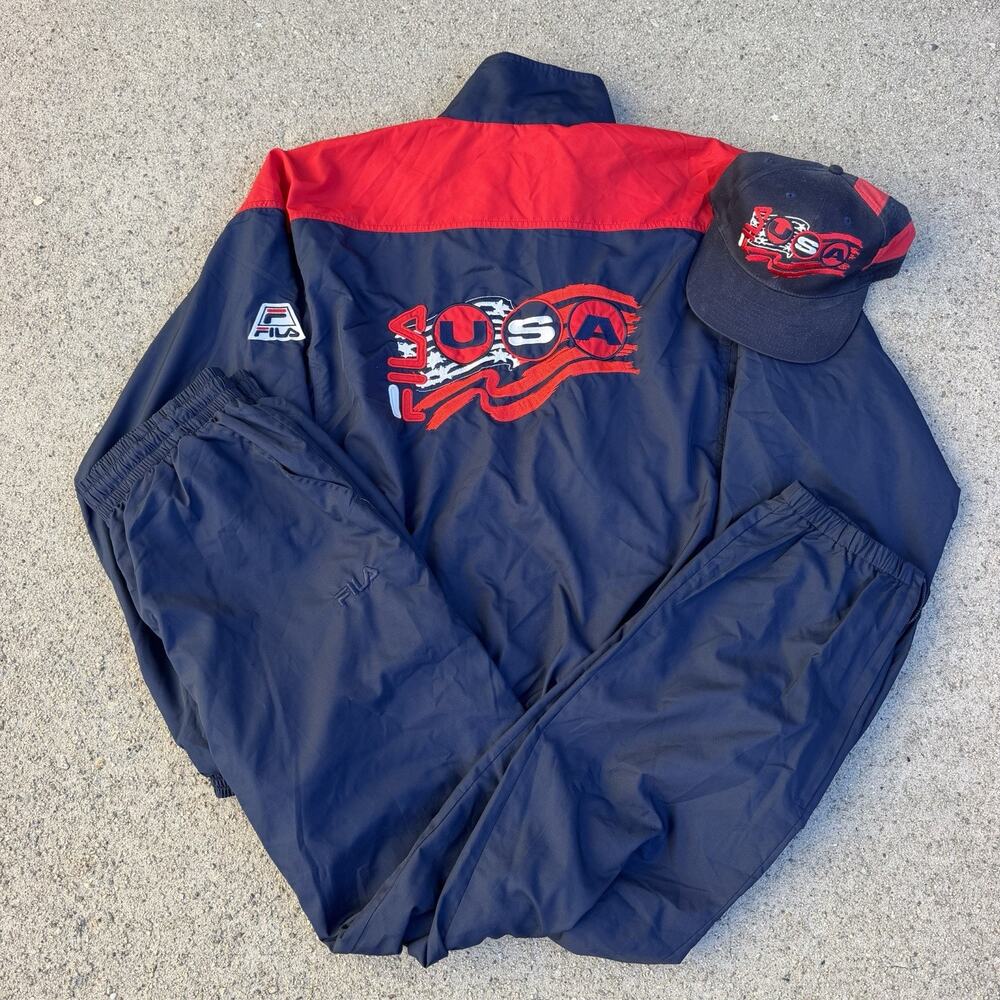 Vintage 90s Fila USA Tracksuit Set Large Men RARE With Hat